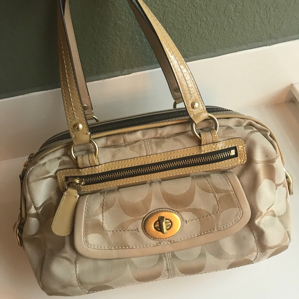 Coach Leather Trimmed Satchel Camel Beige Color